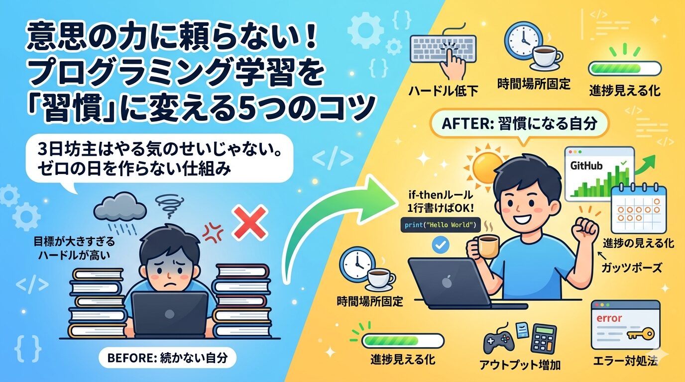 プログラミング学習が続かない人へ
挫折しない習慣化の技術